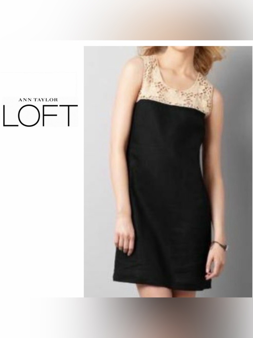 LOFT Black Linen Mini Dress with Beige Crochet Yoke